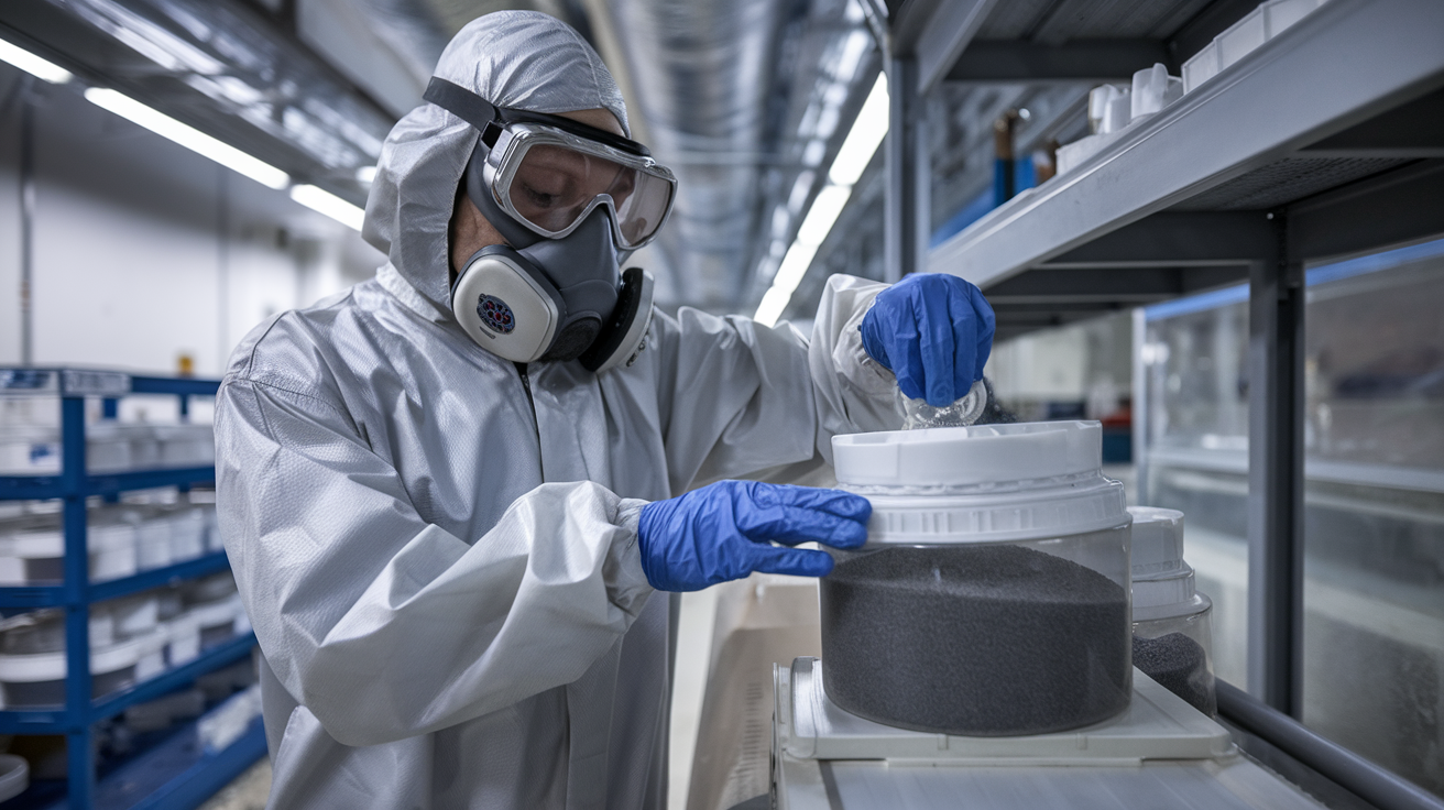 A worker wearing PPE handling silica