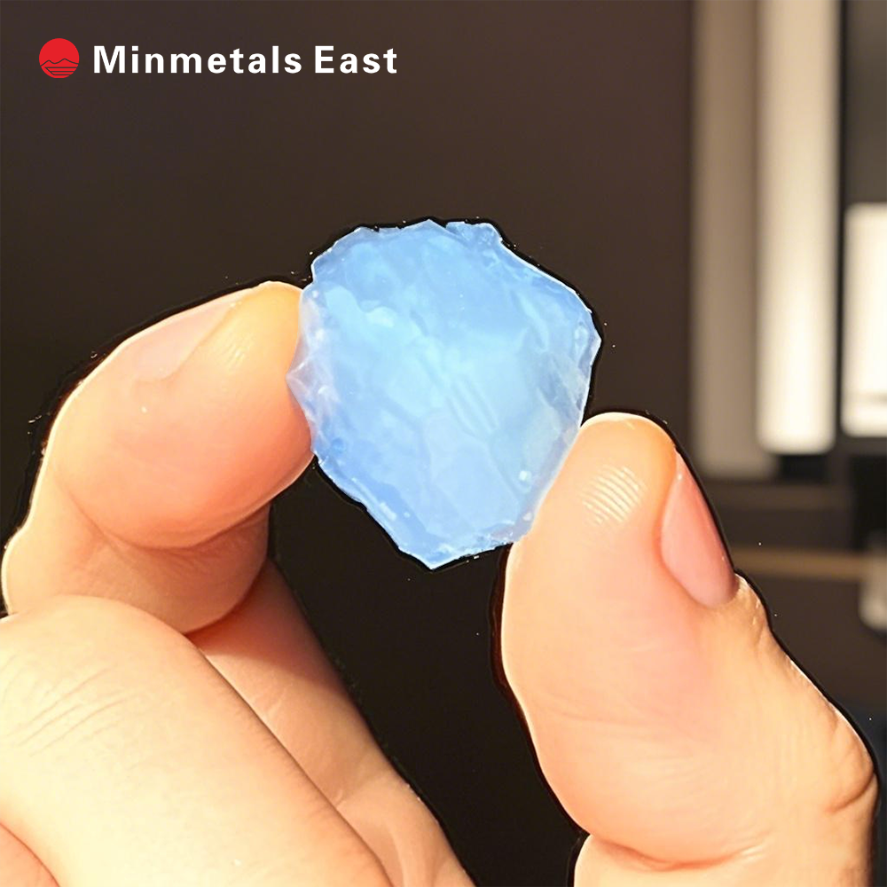 A piece of blue aerogel held between fingers.