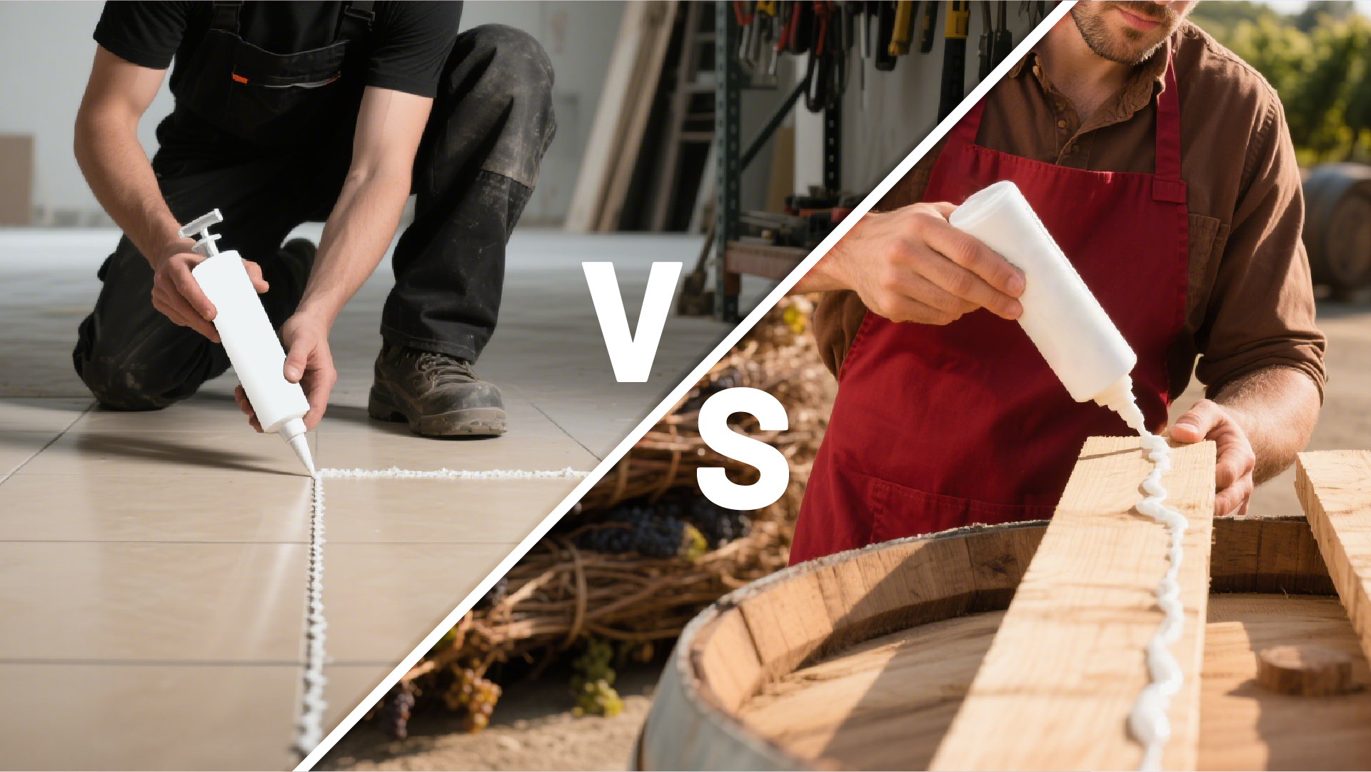 Comparison of adhesives and sealants being applied by workers.