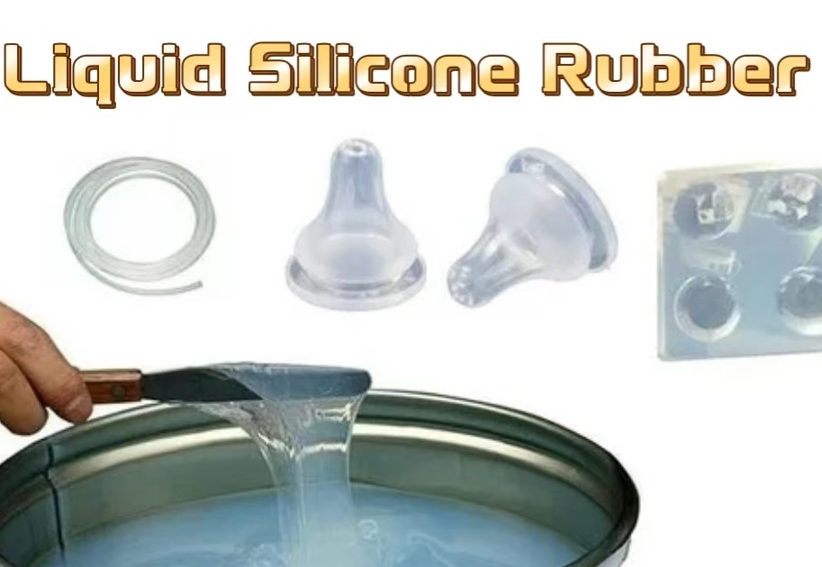 Liquid silicone rubber being poured into a container with various silicone rubber products.